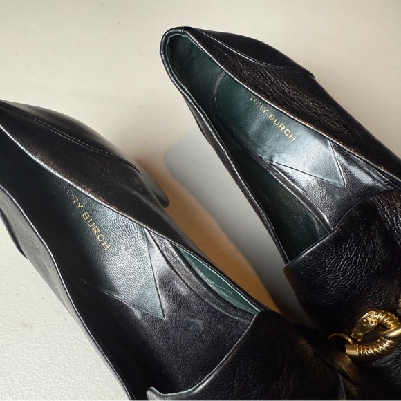 Tory Burch Jessa Black Leather Loafers with Gold Horse Motif, size 9.5, preloved - Picture 5 of 12